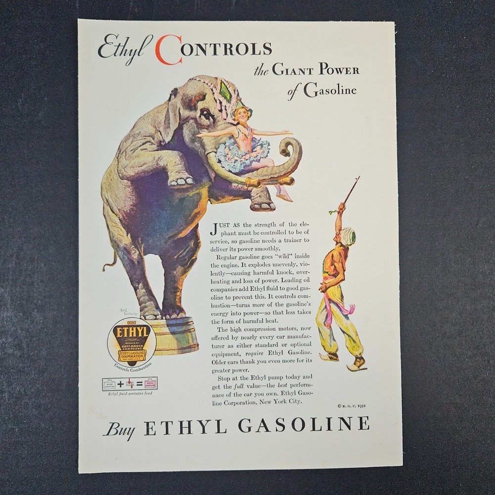 1932 Ethyl Gasoline Corporation Anti-Knock Compound Vintage‎ Print Ad Elephant